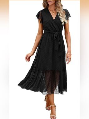 NEW With Tags! Black Swiss Dot Midi Dress- Size Large